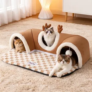 Cozy antler-shaped cat tunnel bed with plush checkered mat and hanging pom-poms