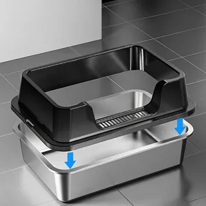 Stainless steel cat litter box with high splash-proof fence and secure snap fit