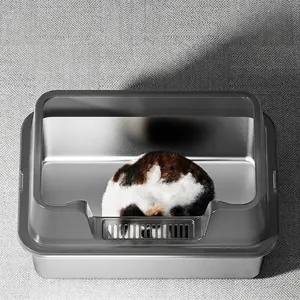 Extra large stainless steel open cat litter box with high gray splash guard fence