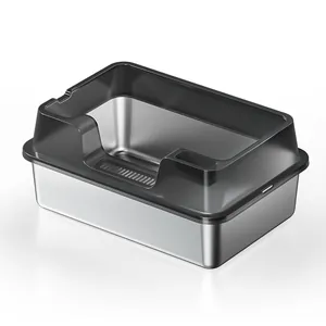 Durable stainless steel cat litter box with high black anti-splash fence guard