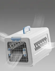 Portable white pet carrier box with blue handle and side ventilation slats