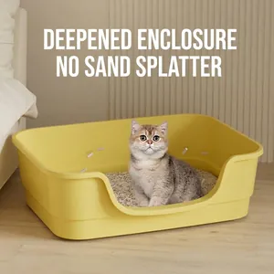 Spacious yellow bathtub-style open cat litter box with high sides for anti-splashing