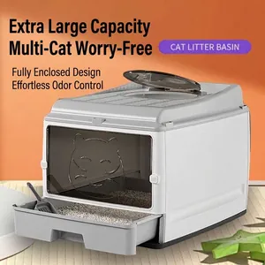 Large Enclosed Cat Litter Box With Drawer Foldable Deodorizing Anti Splash Plastic Cat Toilet Potty With Scoop For Large Cats