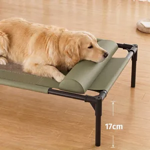 Elevated dog cot with breathable leather mat and 17cm ground clearance for medium dogs.
