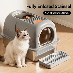 Extra Large Stainless Steel Enclosed Cat Litter Box High Side Splash Proof Odor Control Cat Toilet With Litter Mat Pet Supplies