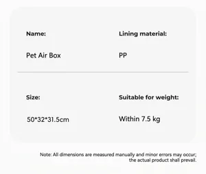 Portable pet aviation carrier box product specifications and detailed dimension table