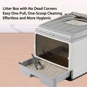 Large enclosed cat litter box with pull-out drawer tray and scoop, gray and white