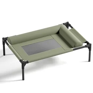 Elevated green leather pet bed with breathable mesh and comfortable bolster pillow