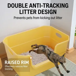 Caja de arena abierta amarilla extragrande con protector contra salpicaduras para gatos.