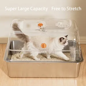 Extra large enclosed stainless steel cat litter box with transparent top cover