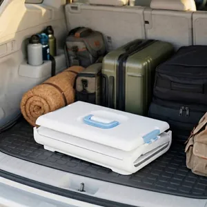 Faltbare Transportbox für Haustiere, kompakt im Kofferraum eines Autos platziert.