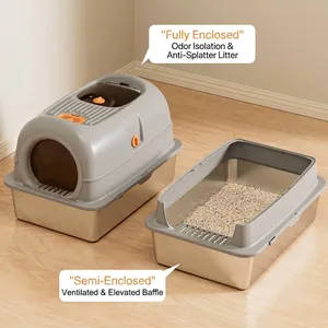 Large stainless steel cat litter box set with fully enclosed hood and open anti-splash basin