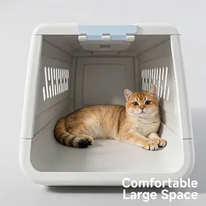 Tragbare Haustiertransportbox mit geräumigem Innenraum für Katzen und Hunde, Beige/Blau.