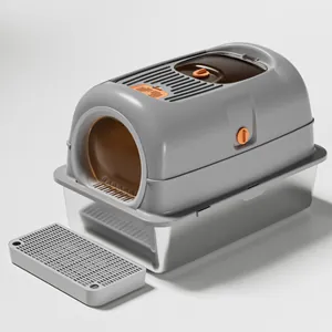 Extra large enclosed stainless steel cat litter box with anti-tracking mat and gray lid