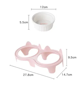 Produktdimensionen für die weiße Keramikkatzenschüssel und das rosa Doppelständer-Set
