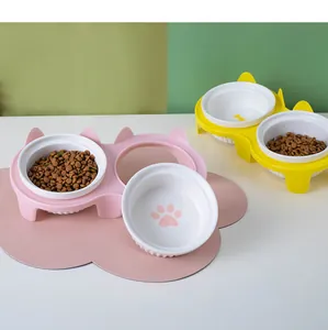 Hochwertige erhöhte Keramik-Katzen-Doppelnäpfe mit schrägem Stand in Rosa und Gelb