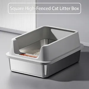 Lettiera per Gatti in Acciaio Inossidable Extra Grande Semi-Chiusa Recinzione Alta Anti-Schizzo Toilette per Animali