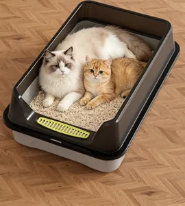 Large semi-enclosed cat litter box with two cats showing its spacious internal capacity.