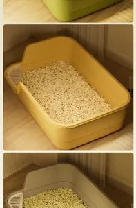 Spacious semi-enclosed cat litter box with anti-splash mesh tray in cozy indoor scene