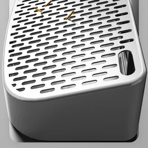 Close-up macro detail of stainless steel cat litter box tracking mat with oval holes