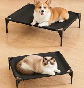 Durable black elevated pet bed for dogs and cats featuring breathable mesh on wood floor
