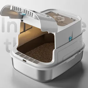 Detailed close-up of a large stainless steel enclosed cat litter box with open lid.