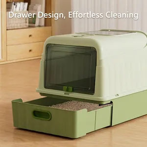 Große voll geschlossene grüne Katzentoilette mit Schubladendesign für einfache Reinigung