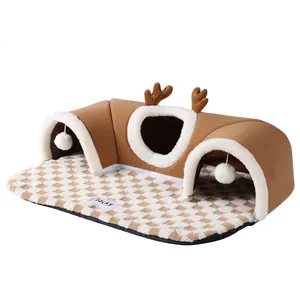 Cozy brown deer-themed cat tunnel bed with plush mat and festive antlers for small pets
