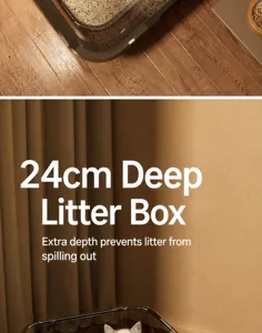 Detailed close-up view of a 24cm deep cat litter box with splash-proof high walls