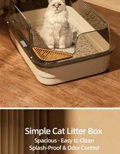 Modern semi-enclosed cat litter box featuring high splash-proof transparent fence