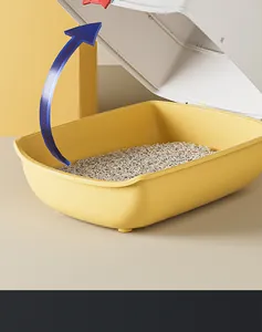 Extra large yellow cat litter box with flip-top opening lid design and 3D blue arrow