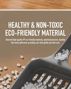 Close-up of a grey cat litter scoop made of durable non-toxic PP eco-friendly plastic.