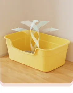Arenero para gatos extra grande de plástico amarillo con diseño abierto ventilado