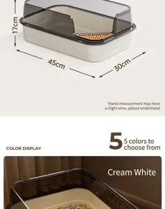 Detailed view of a creamy white large cat litter box with 45x30x17cm dimensions.