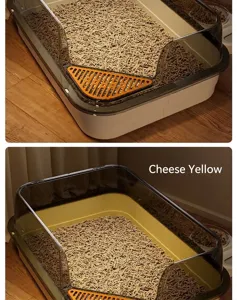 Detail view of extra large cat litter box in cheese yellow with high splash-proof fence