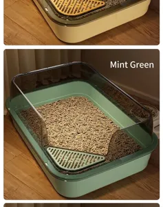 Large mint green cat litter box with high splash-proof fence and anti-tracking pedal