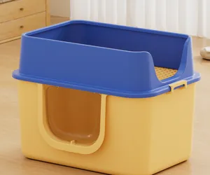Gran caja de arena cerrada para gatos con tapa de tamiz y puerta batiente azul