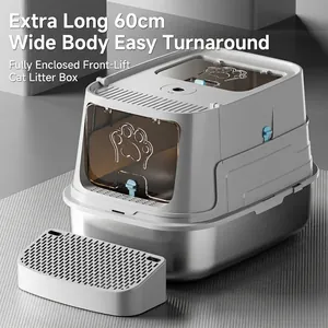 Large Fully Enclosed Stainless Steel Cat Litter Box Anti Splash Deodorizing Pet Toilet For Cats With Filter Pedal Scoop