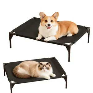 Elevated pet cot for dogs and cats with breathable black fabric and sturdy frame