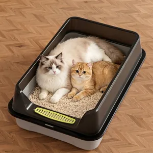 Extra large semi-enclosed cat litter box with high fence to prevent litter splashing