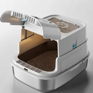 Large stainless steel cat litter box with anti-tracking lid and semi-enclosed design