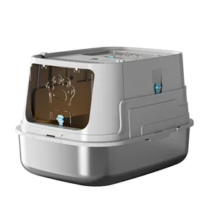 Large enclosed stainless steel cat litter box featuring a stylish paw print door design