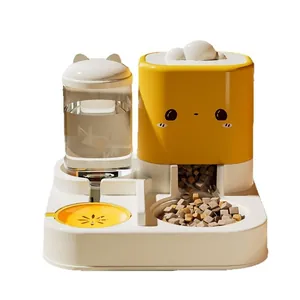 2-in-1 automatic pet feeder and water dispenser with cute yellow cat design for cats and dogs