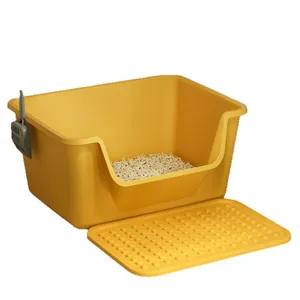 Juego de caja de arena para gatos amarilla semicerrada grande con alfombrilla y pala a juego