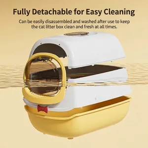 Fully enclosed large cat litter box with yellow base and red bow butterfly design