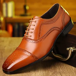 Men Business PU Leather Brogue Shoes British Style Colorblock Perforated Carving Lace-up Formal Oxford Dress Shoes For Men