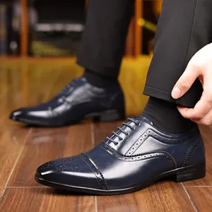 Navy blue men's Brogue Oxford dress shoes with professional leather finish and laces