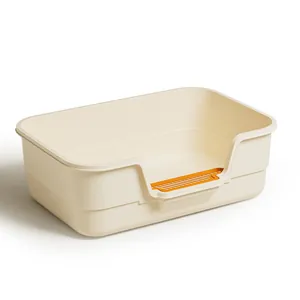 Große spritzgeschützte halbgeschlossene Katzentoilette in Beige mit Siebgitter
