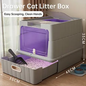 Bac à Litière pour Chat Entièrement Fermé Type Tiroir Anti-éclaboussures Plastique PP Toilettes pour Animaux Désodorisantes