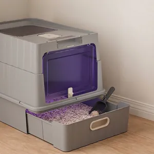 Grande maison de toilette pour chat fermée avec tiroir amovible et porte frontale violette
